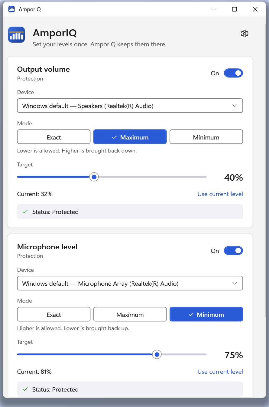 AmporIQ window: output volume in Maximum mode at 40% with current level 32%, and microphone level in Minimum mode at 75% with current level 81%, both showing Status: Protected.