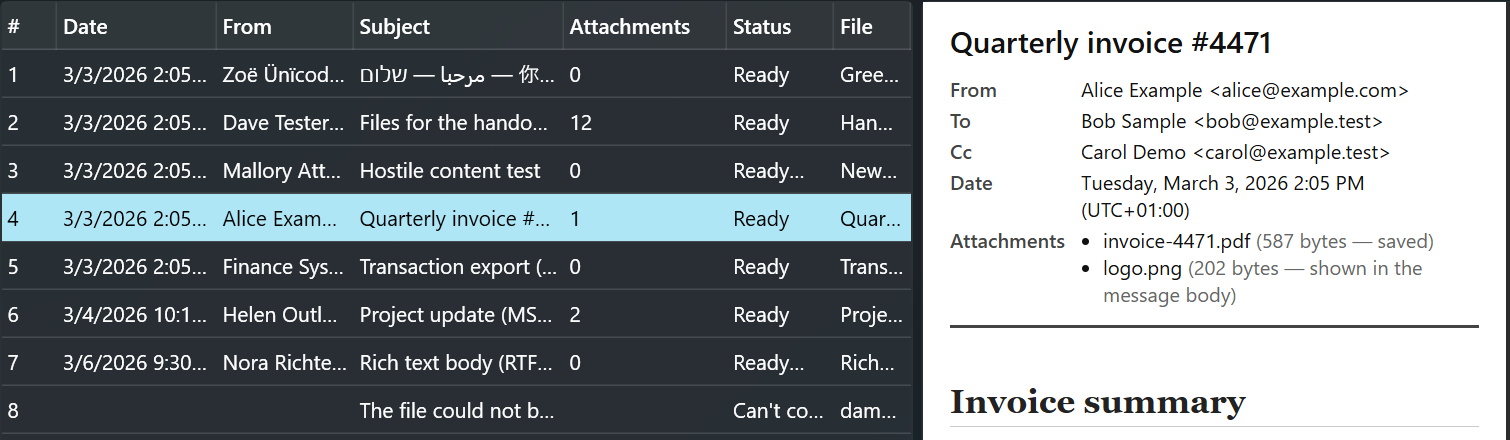 MailPackIQ: a list of eight demo emails with date, sender, subject, attachment count and status (seven ready, one that cannot be converted), beside a preview of the selected email, Quarterly invoice #4471, with its sender, recipients and attachments.