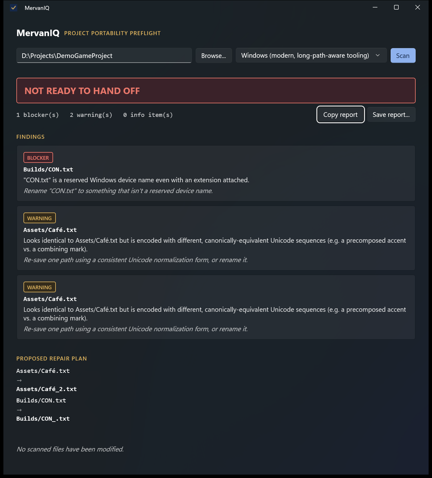 MervanIQ on Windows flags Builds/CON.txt as a reserved Windows name and proposes renaming it to CON_.txt.