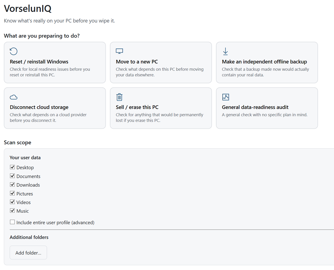 VorselunIQ start screen: 'What are you preparing to do?' with six choices (reset or reinstall Windows, move to a new PC, make an independent offline backup, disconnect cloud storage, sell or erase this PC, general data-readiness audit), and the scan scope with Desktop, Documents, Downloads, Pictures, Videos and Music ticked.