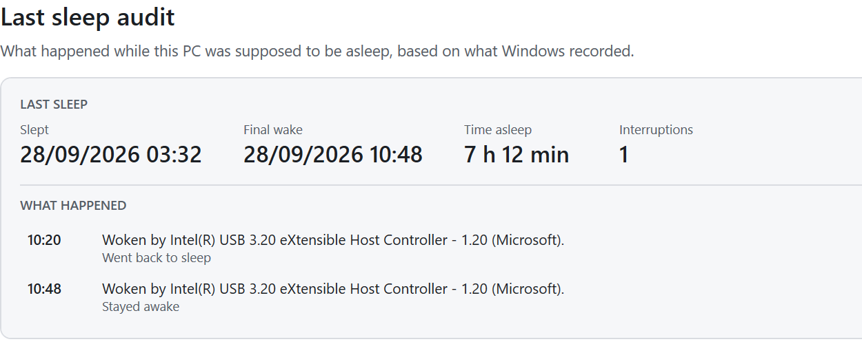WakeAuditIQ last sleep audit: slept 03:32, final wake 10:48, 7 hours 12 minutes asleep, one interruption; woken at 10:20 and 10:48 by the Intel USB 3.20 host controller.
