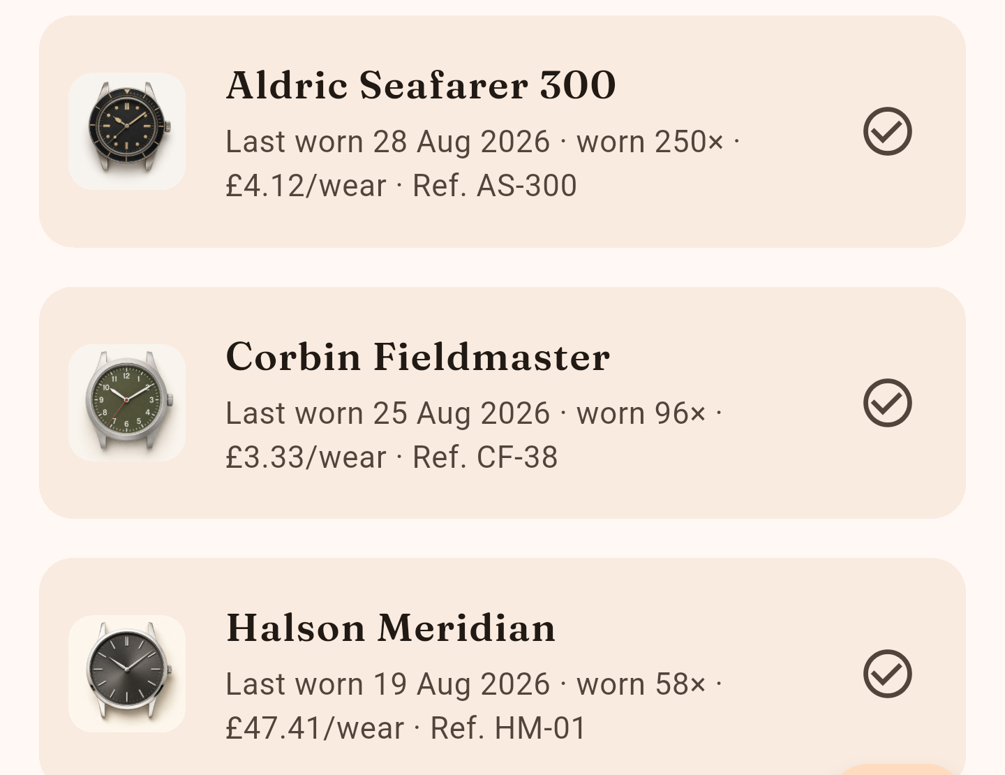WearKeeper on Android: a collection list with three watches, each showing when it was last worn, how many times, cost per wear and reference.