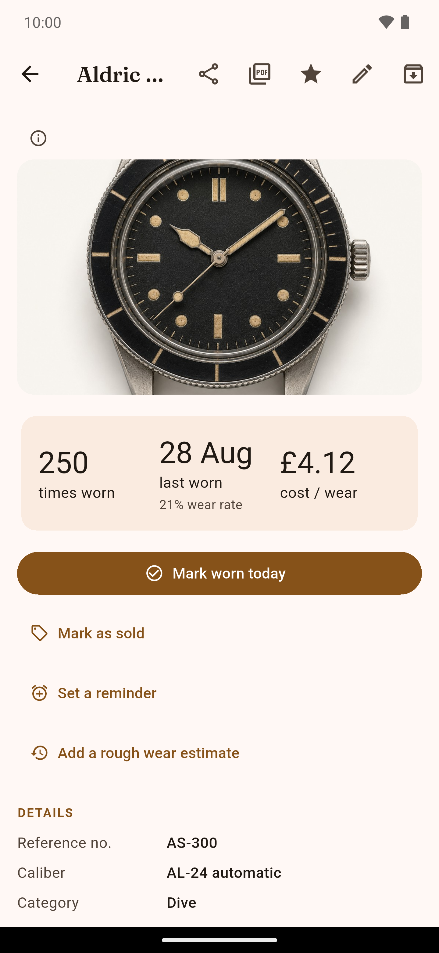 A watch's page in WearKeeper on Android: worn 250 times, £4.12 per wear.