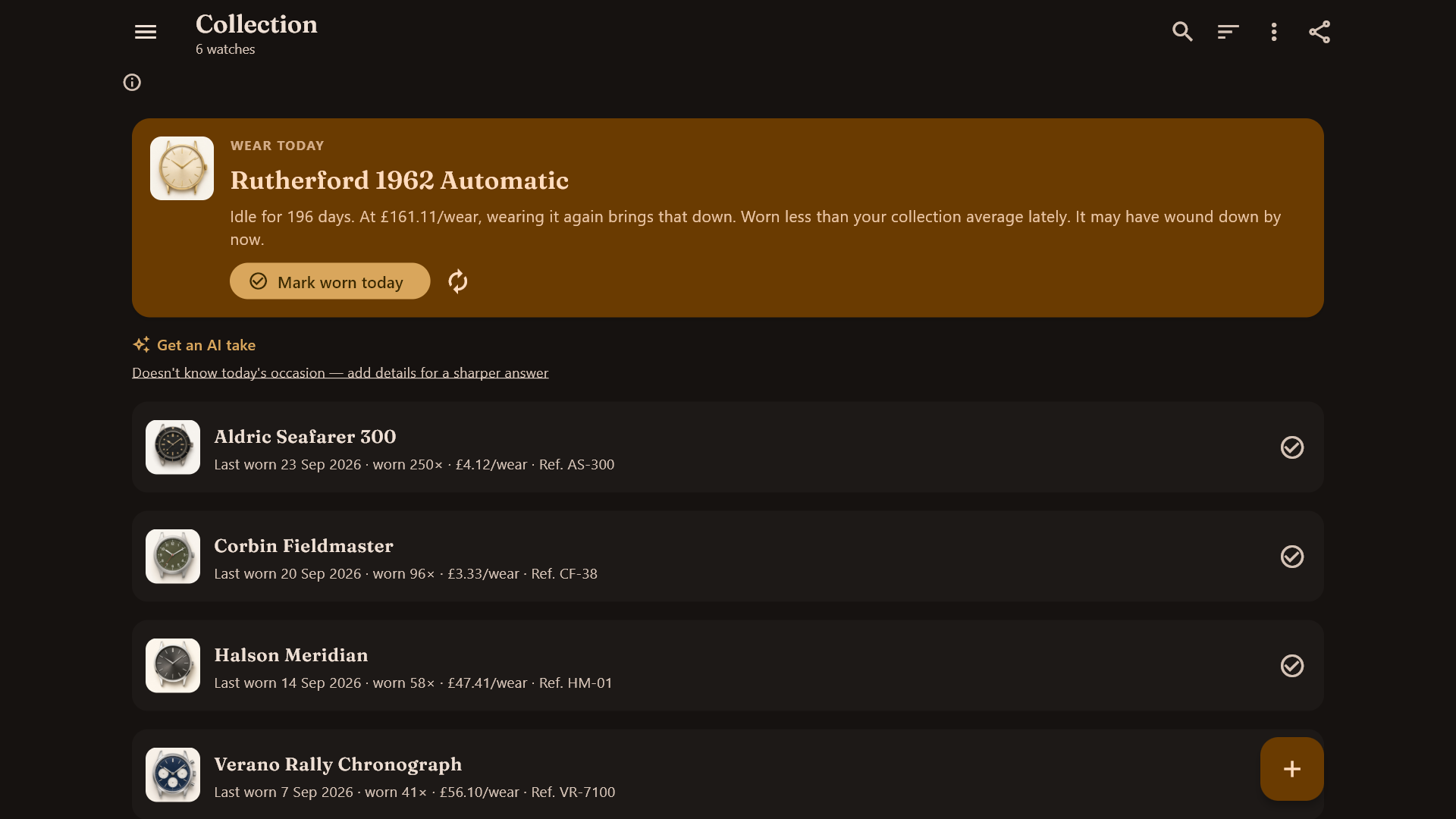 WearKeeper on Windows: the collection screen with a wear suggestion and a list of watches with cost per wear.